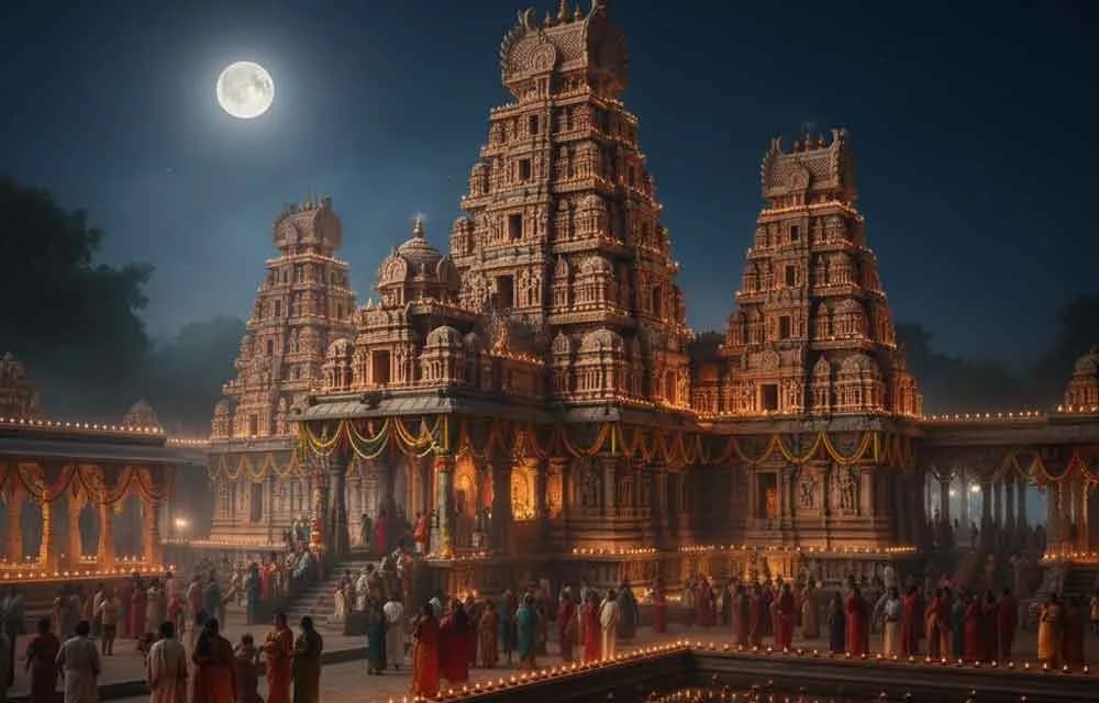 grand South Indian temple complex, featuring multiple ornate gopurams (towers) and mandapams, is beautifully illuminated at night by countless flickering oil lamps. Garlands of flowers and festive decorations adorn the temple architecture. In the foreground, devotees in traditional attire walk along the perimeter of a reflective temple tank, where numerous small diyas float, mirroring the temple's glow and the bright full moon in the night sky.