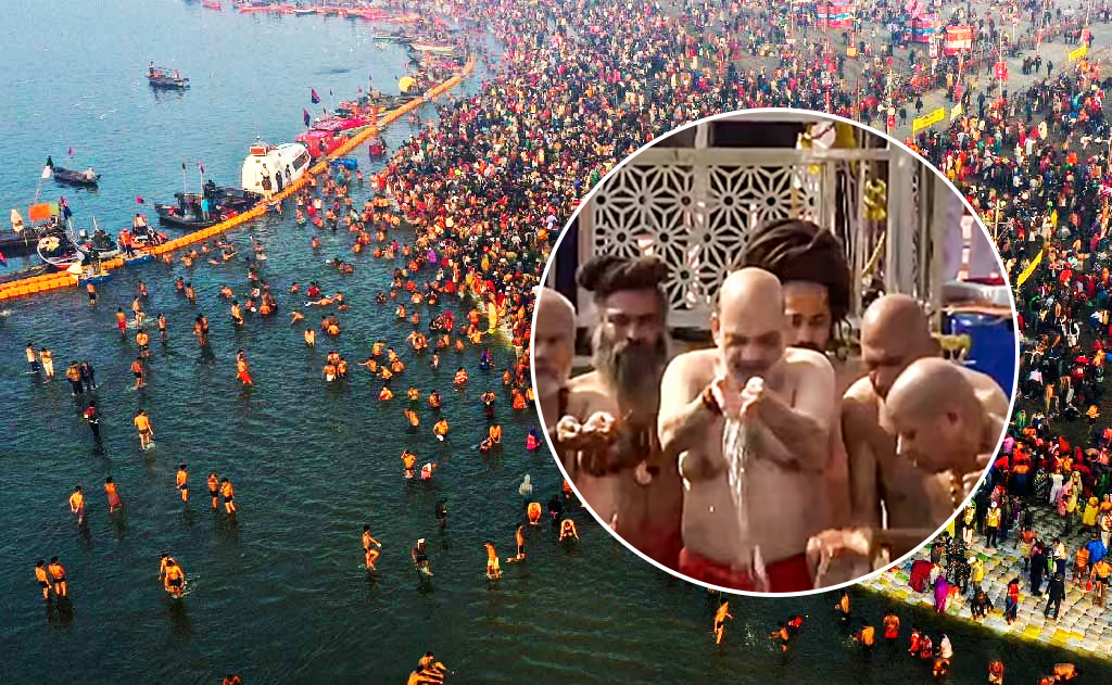 माननीय केंद्रीय गृह मंत्री श्री अमित शाह जी ने प्रयागराज में त्रिवेणी संगम पर पवित्र डुबकी लगाई — Maha Kumbh Mela
