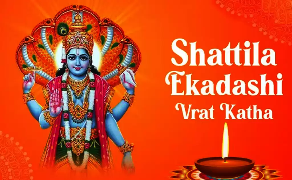 Shattila Ekadashi Vrat Katha title card with Lord Vishnu and a lit diya