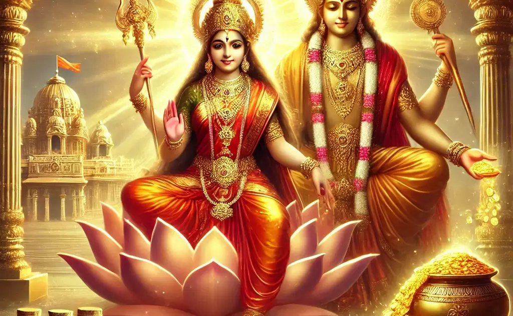 Goddess Lakshmi seated on a pink lotus beside Lord Kubera, with a pot of gold coins