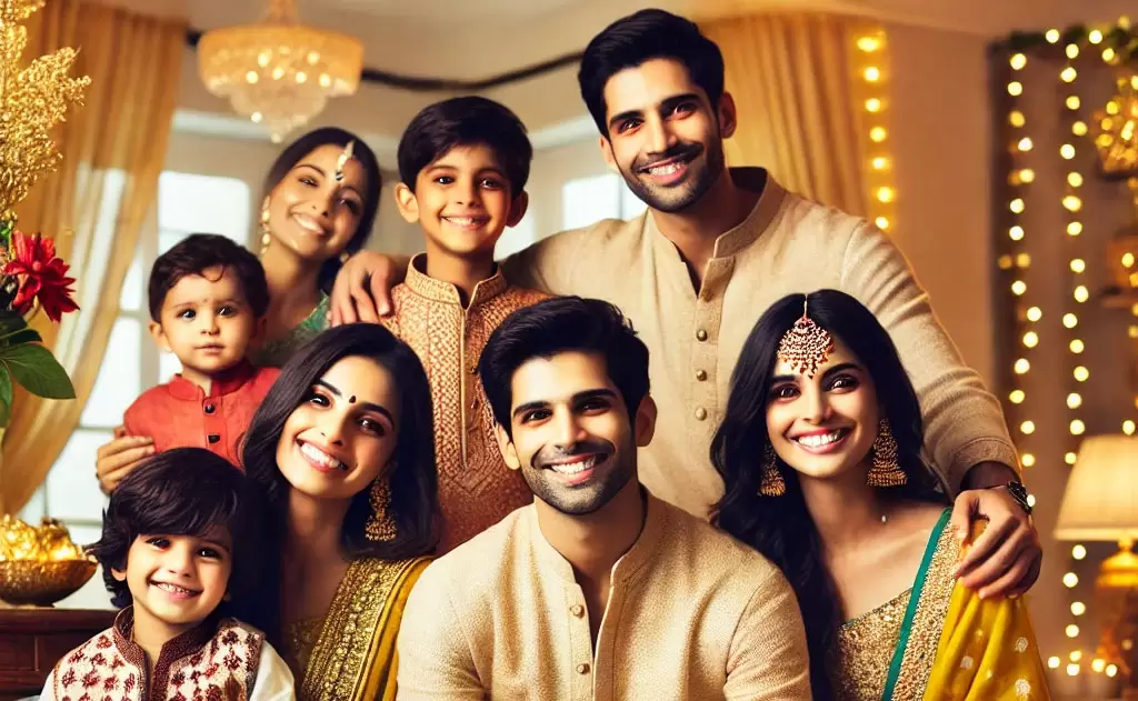 Smiling three-generation Indian family in festive clothes gathered together at home