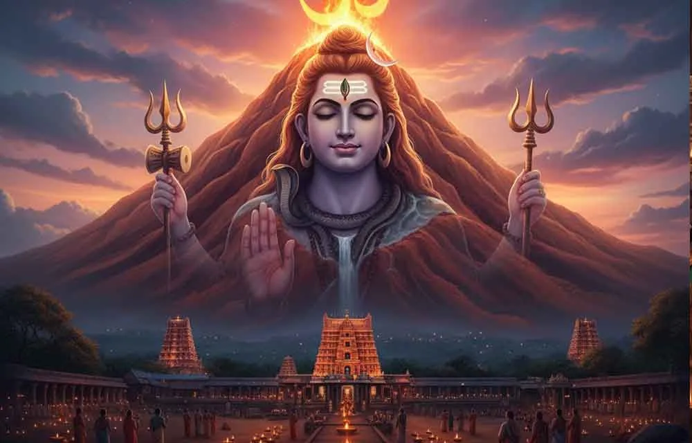 majestic, dramatic view of the Arunachala Hill in Tiruvannamalai, Tamil Nadu, often revered as the physical manifestation of Lord Shiva as an infinite column of fire (Jyotirlinga). The image prominently features the towering, reddish-brown mountain under a glowing sky, emphasizing its sacred, fiery essence, with a subtle depiction of a light beacon (Karthigai Deepam) on its summit to symbolize the cosmic pillar of light.