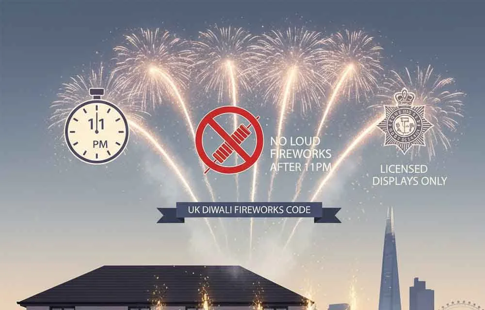 Illustration of UK fireworks rules for Diwali: curfew clock and no-fireworks sign over the London skyline
