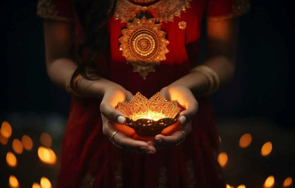 Hands cupping a lit diya against a dark background