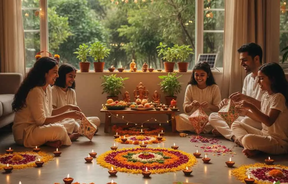 Family decorating their home with rangoli and diyas for an eco-friendly Diwali
