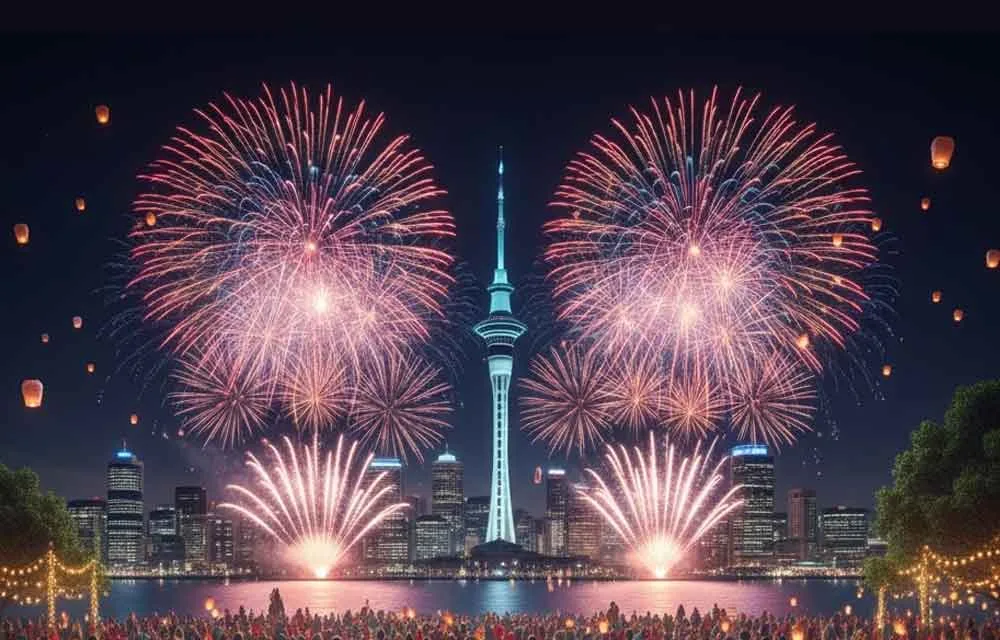 Fireworks around Auckland's Sky Tower during Diwali night