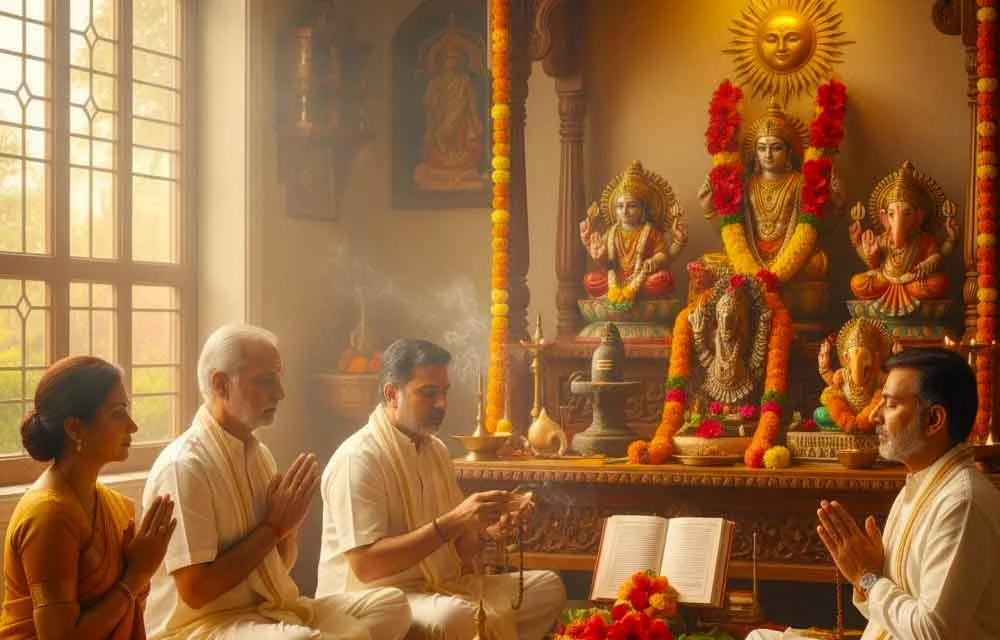 Family praying at a home altar with a Surya emblem, lamps and marigold garlands