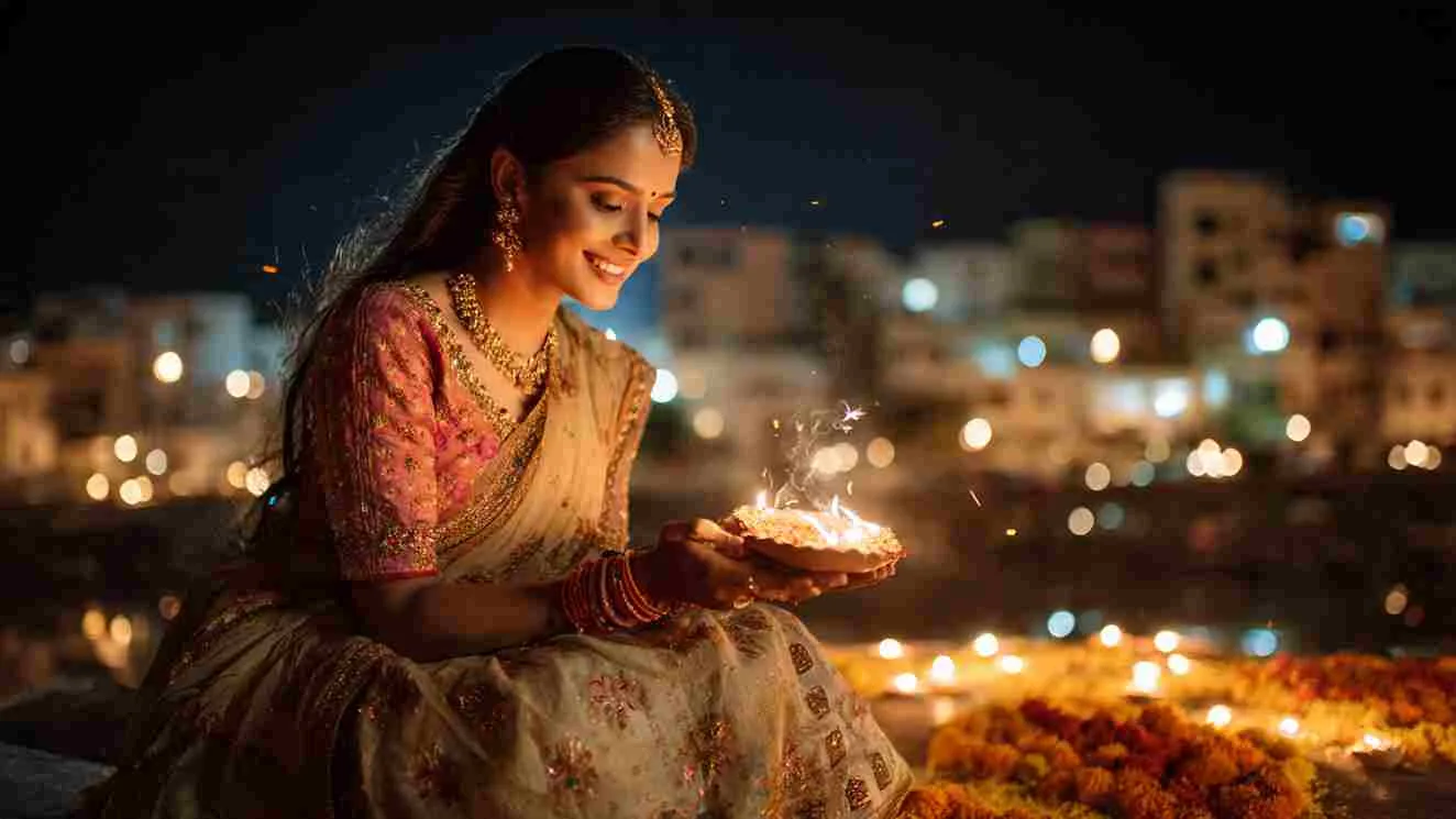 Woman in a sari holding a lit diya on Diwali night