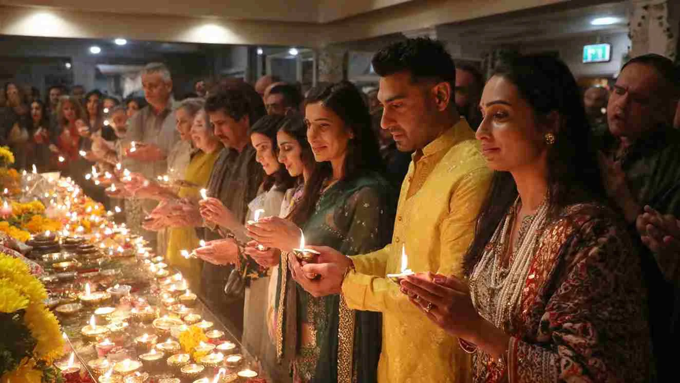 Families lighting diyas together at a Diwali celebration