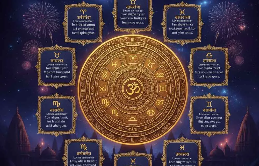 A beautifully designed monthly horoscope chart for Karthika Masam, featuring traditional Hindu astrological symbols, a rotating zodiac wheel, and text sections detailing predictions, all set against a celestial background with golden light effects.