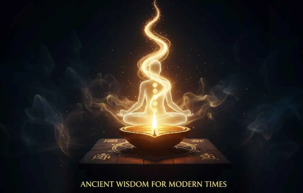 Glowing figure seated in meditation rising from the flame of a single oil lamp in darkness