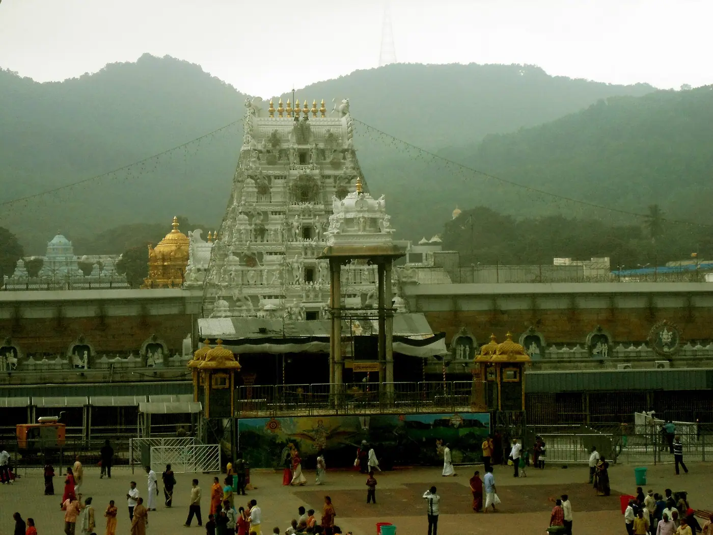 Sri Venkateswara Temple at Tirumala, the white gopuram and golden vimana seen above the forecourt with pilgrims